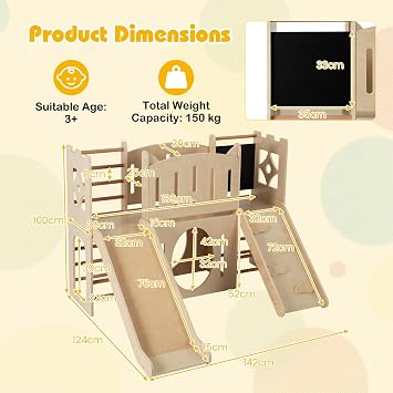 COSTWAY Toddler Slide, 8 in 1 Indoor Playground with Climbing Ladder & Rock, Chalkboard, Crawl-thru Hole, Wooden Montessori Slide Climber Playset for Kids 3+