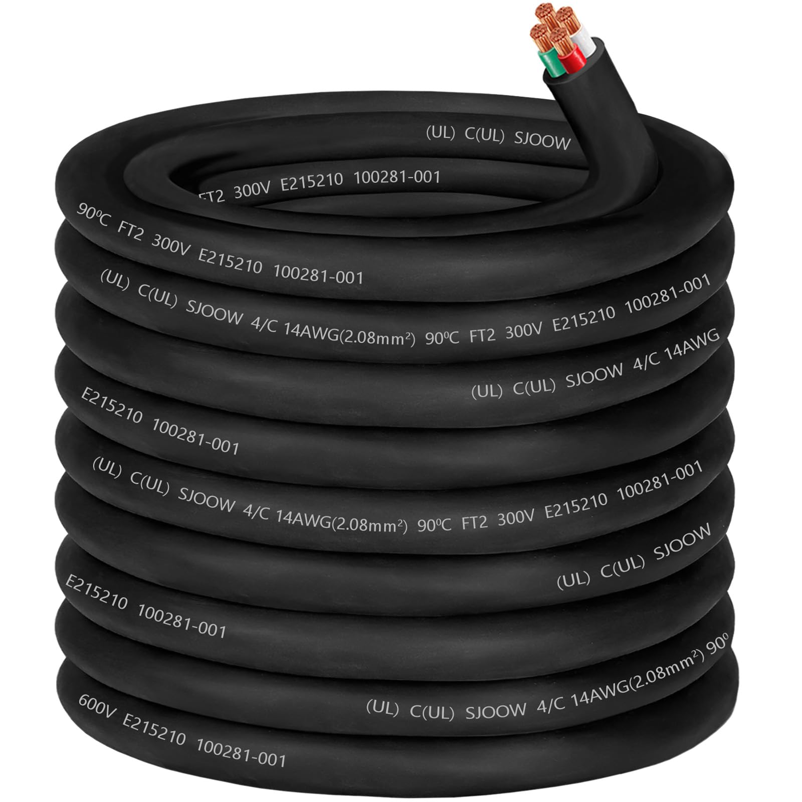 14/4 Wire SJOOW 14 AWG 4 Conductor Control Cable,14 Gauge 300V SJOOW Wire 4 Conductor OFC 14 AWG Cable for Portable Light/Mini Split Air Conditioner