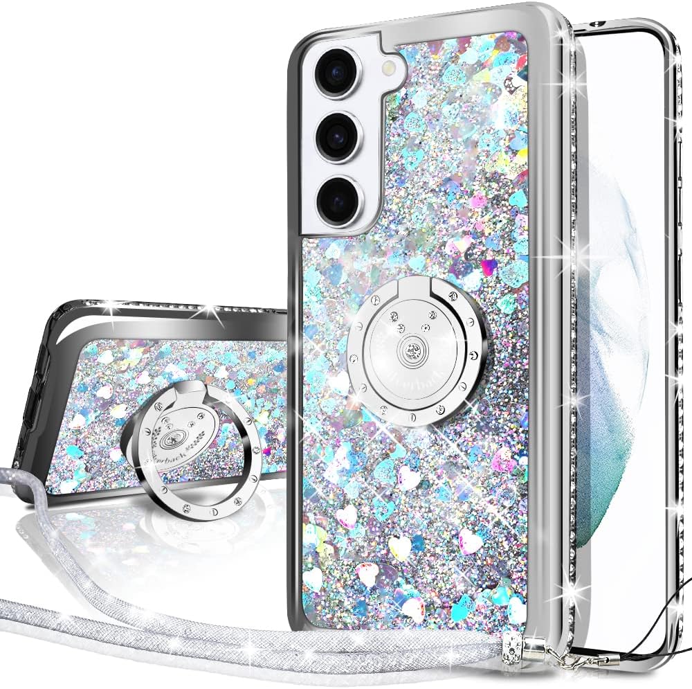 Silverback for Galaxy S22 Case, Moving Liquid Holographic Sparkle Glitter Case with Kickstand, Girls Women Bling Diamond Ring Slim Protective Case for Samsung Galaxy S22 5G - Silver