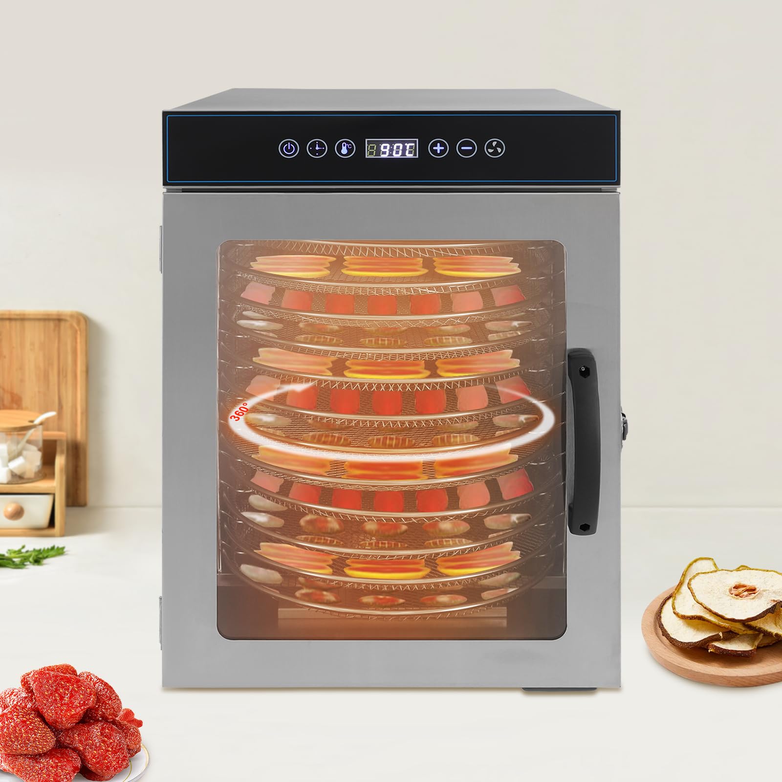 Rotary Food Dehydrator Machine, 12-Layer Stainless Steel Rotating Dehydrator, 1000W Dual Fan 360°, Adjustable Timer, Temperature Control, Electric Food Dryer, for Fruits, Vegetables, Meat