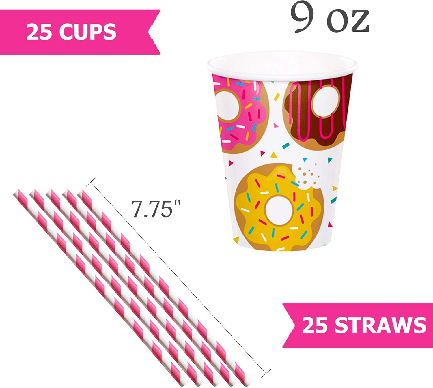 Donut Party Supplies (Donut Plates, Cups, Napkins, Straws (25 serves))