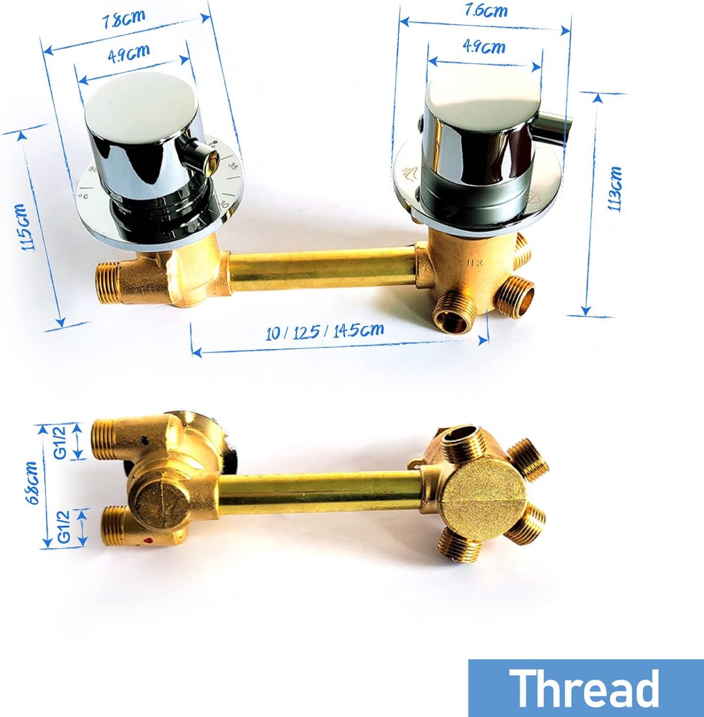 Thermostatic Shower Mixer Tap With Stop Valve & 2/3/4 Way Outlet, Brass Doul-Handle Threaded Thermostatic Shower Room Mixer Valve Mixer, Spacing 10cm,Thread 2 Way,10cm