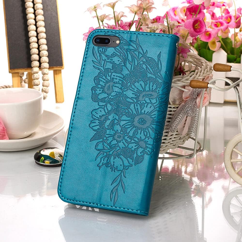 for iPhone 7/8 Plus Wallet Case, 6/6S Plus Case, Butterfly Floral Embossed, Wrist Strap, Card Holder Slots,Stand Leather Protective Flip Cover (Blue) - Image 7