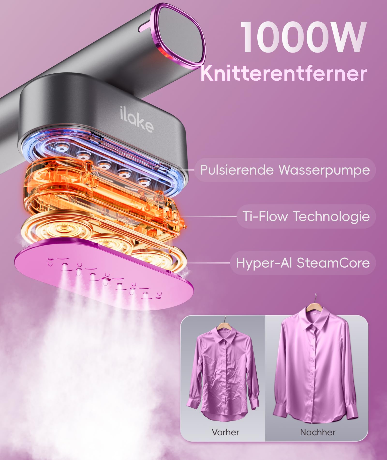 Dampfglätter für Kleidung, Handheld 100-240V Dual Voltage Travel Dampfglätter, 1000W und 120ML Wassertank Tragbarer Dampf & Bügeleisen 2 in 1 für Geschäftsreisen Zuhause, Grau