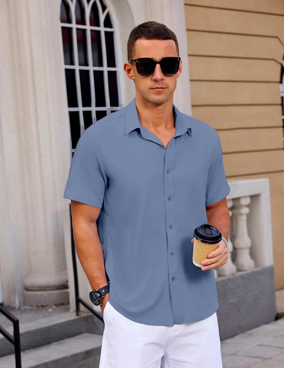 Mens Button Down Short Sleeve Shirt Casual Summer Wedding Untucked Dress Shirts - Image 5