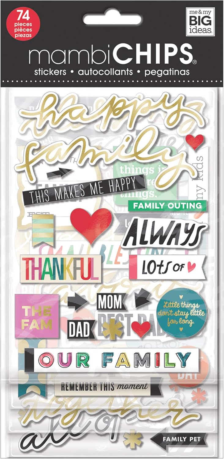 me & my BIG ideas mambiChips Chipboard Stickers - Scrapbooking Supplies - Happy Family Theme - Metallic & Multi-Color Stickers - Great for Family Projects, Scrapbooks & Albums - 4 Sheets