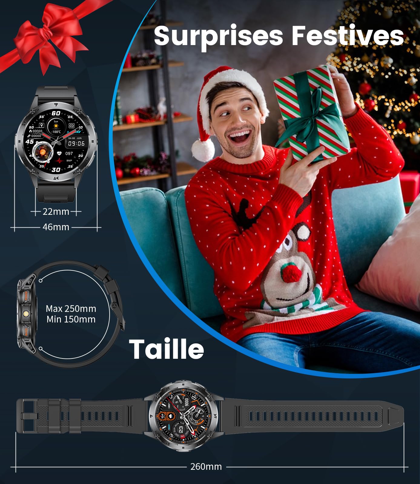 FITFLEX Montre Connectée Homme avec Appel Bluetooth, 1.43'' AMOLED Smartwatch avec Lampe Torche, 530mAh, Moniteur de Sommeil, IP68 Étanche, 120+ Sportifs Montre Intelligente pour Android iOS
