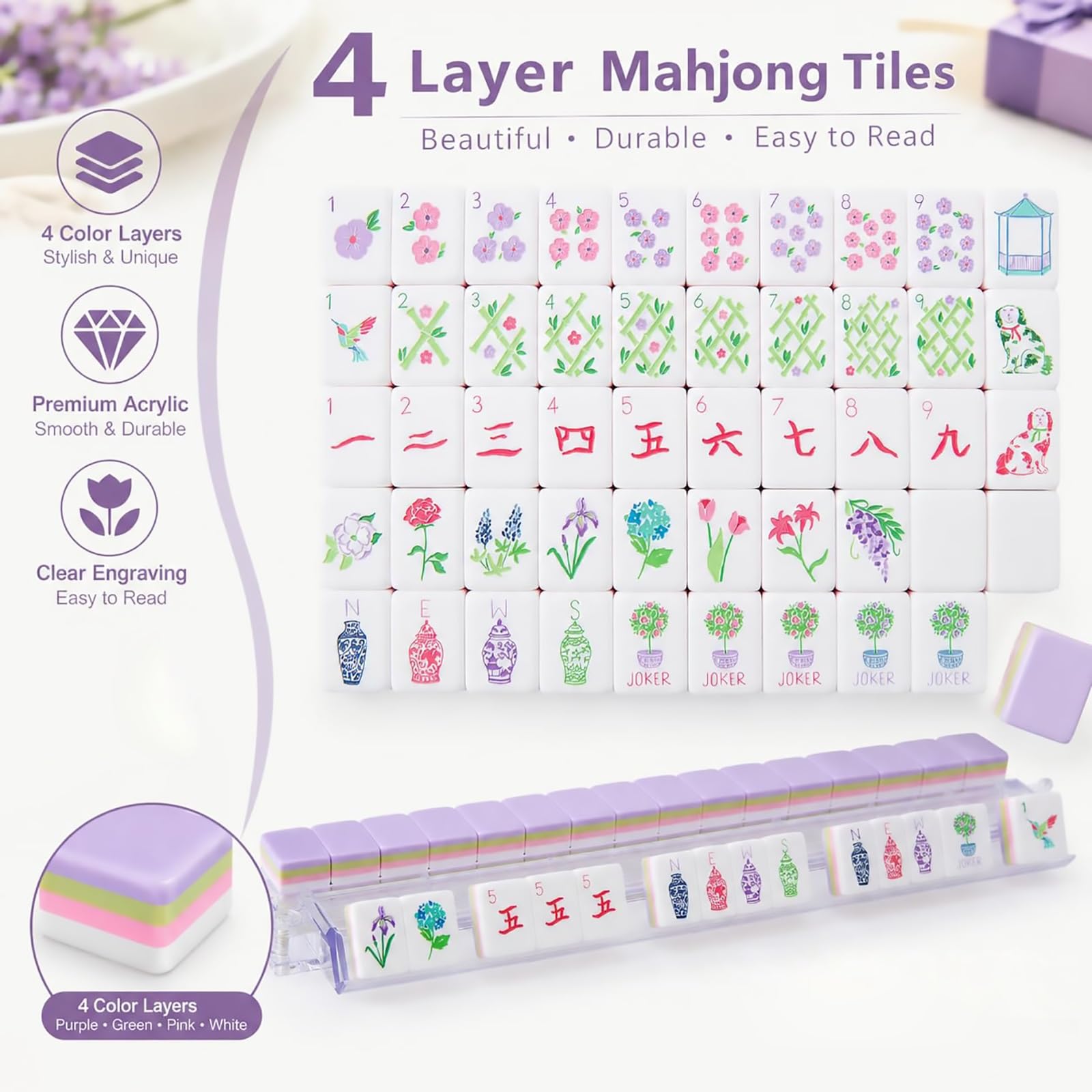 Zestaw Kafelków Mahjong 4 Warstwy Amerykański Mahjong | 3 Kostki Zestaw Mahjong 160 Sztuk Premium Wzór do Domu i Spotkań(Floral)