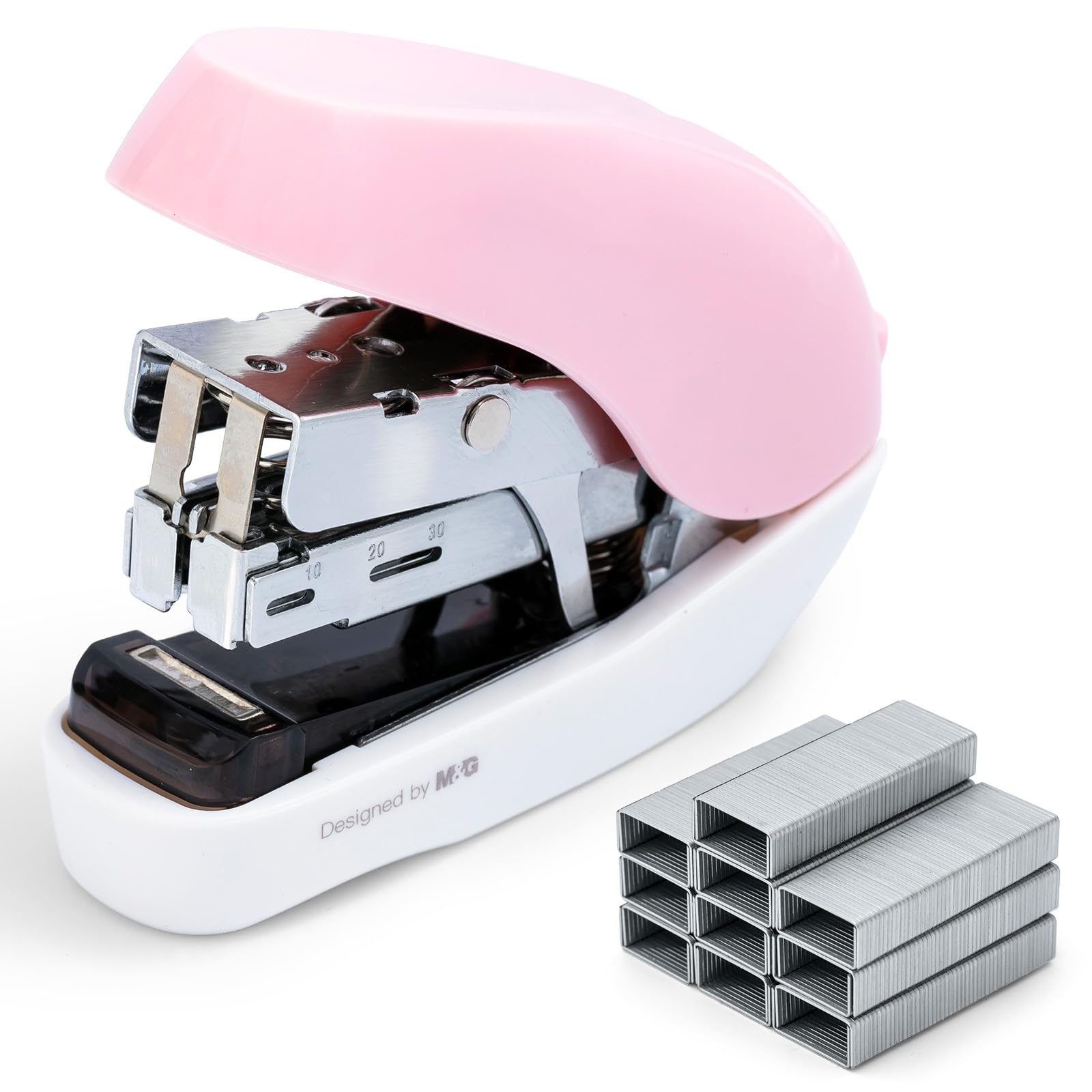 M&amp;G Mini Stapler with Staples, Small Pink Effortless Stapler Set, 20 Sheet Capacity, One Finger, 1000 Standard Staples, Office staplers for Desk, Easy to Load