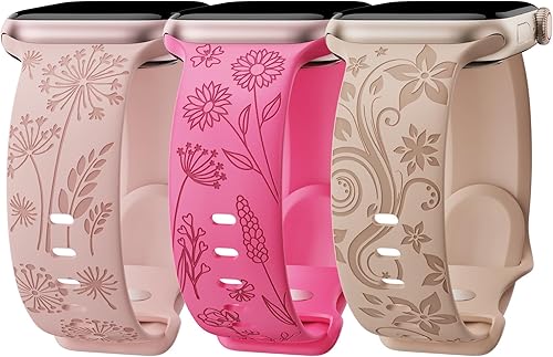 Paquete de 3 bandas grabadas florales compatibles con Apple Watch Band para mujeres de 1.496 pulgadas, 1.575 pulgadas, 1.614 pulgadas, 1.654