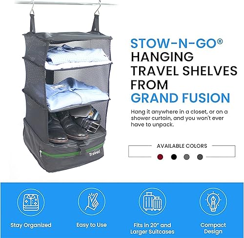 Vista 9 de Grand Fusion Stow-N-Go Organizador de equipaje de viaje Estantes de viaje colgantes portátiles, organizador de armario de mano, cubos de embalaje