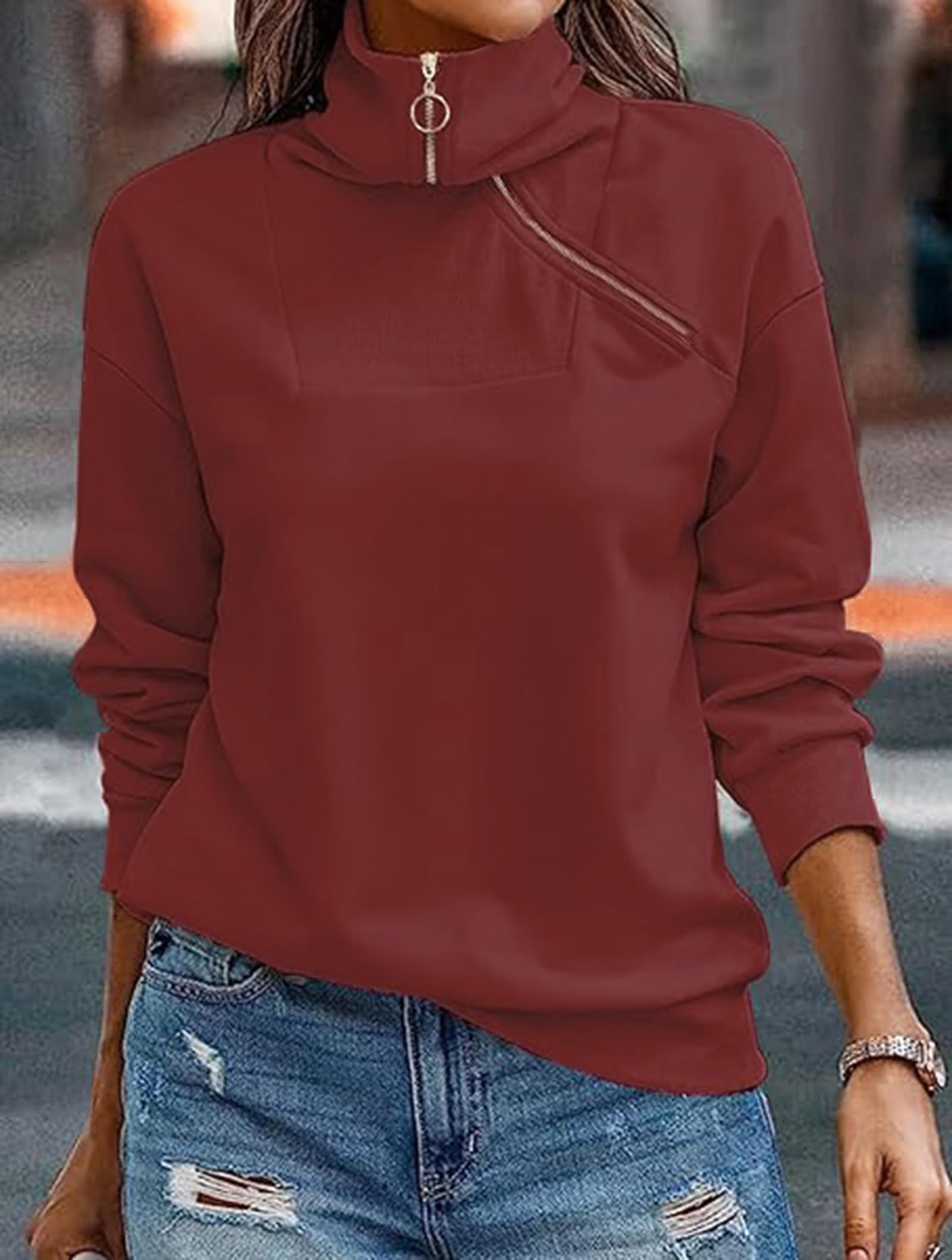 Cuptacc Felpa Donna Mezza Zip Scollo a V Maglia Donna Manica Lunga Casual Tinta Unita Autunno Camicia Elegante