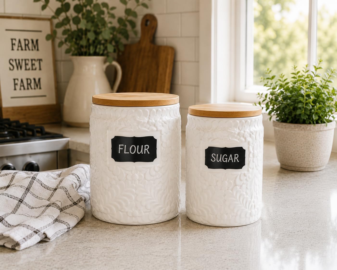 Ceramic Canister Set of 2 (94oz & 52oz) – Airtight Bamboo Lids for Flour, Sugar & Coffee – White Kitchen Storage Jars with Labels for Countertop & Pantry