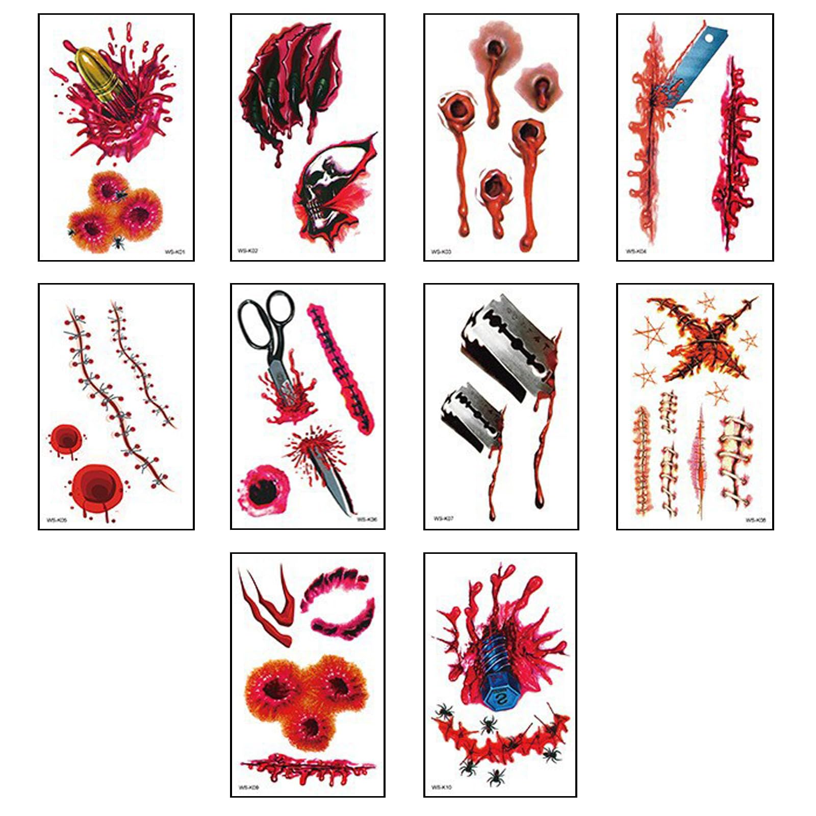 10 Sheets Halloween Scar Tattoos Stickers with Fake Scab Blood,Wound,Zombie Scar,Halloween Face Stickers, for Halloween Party Makeup Prop and Cosplay Halloween Party Game for Party Bag Fillers