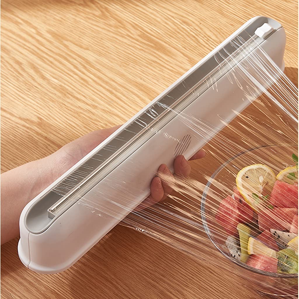 Dispensador y cortador de film transparente + 3 rollos de film plástico, bolsa para conservar la frescura de los alimentos, tapas selladas universales para cocina para cortar platos, cuencos y más
