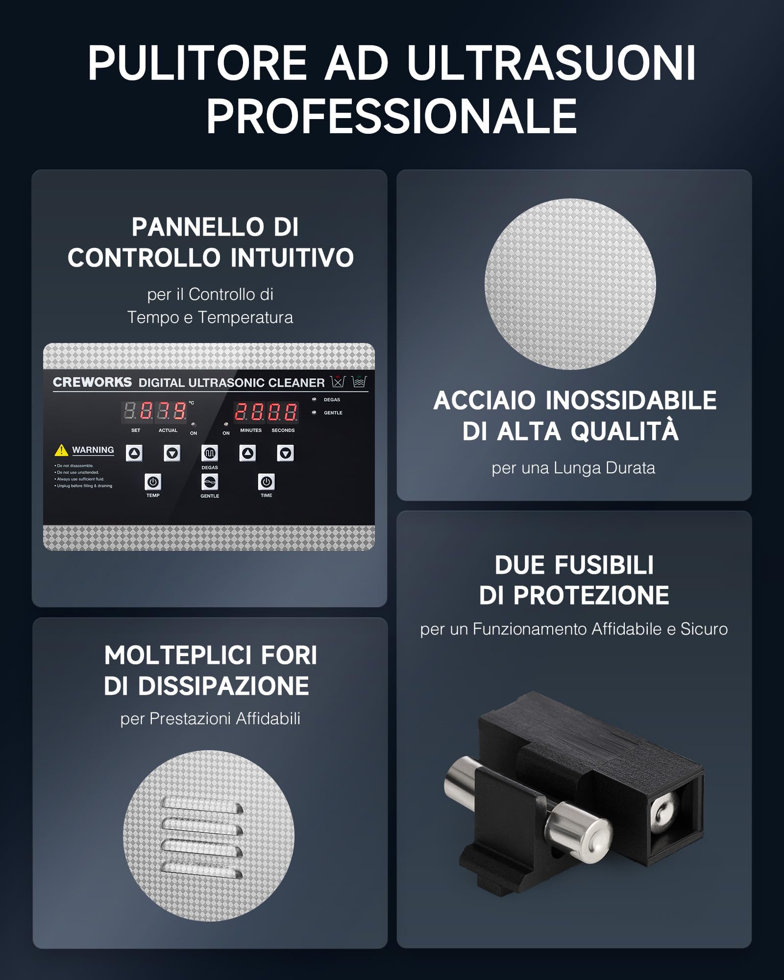 CREWORKS 15L Pulitore Ultrasuoni Industriale con 450W Riscaldatore e Timer Digitale 360W Vasca Ultrasuoni in Acciaio Inossidabile con Modalità Degas e Delicata per Strumenti Utensili e Ricambi Auto