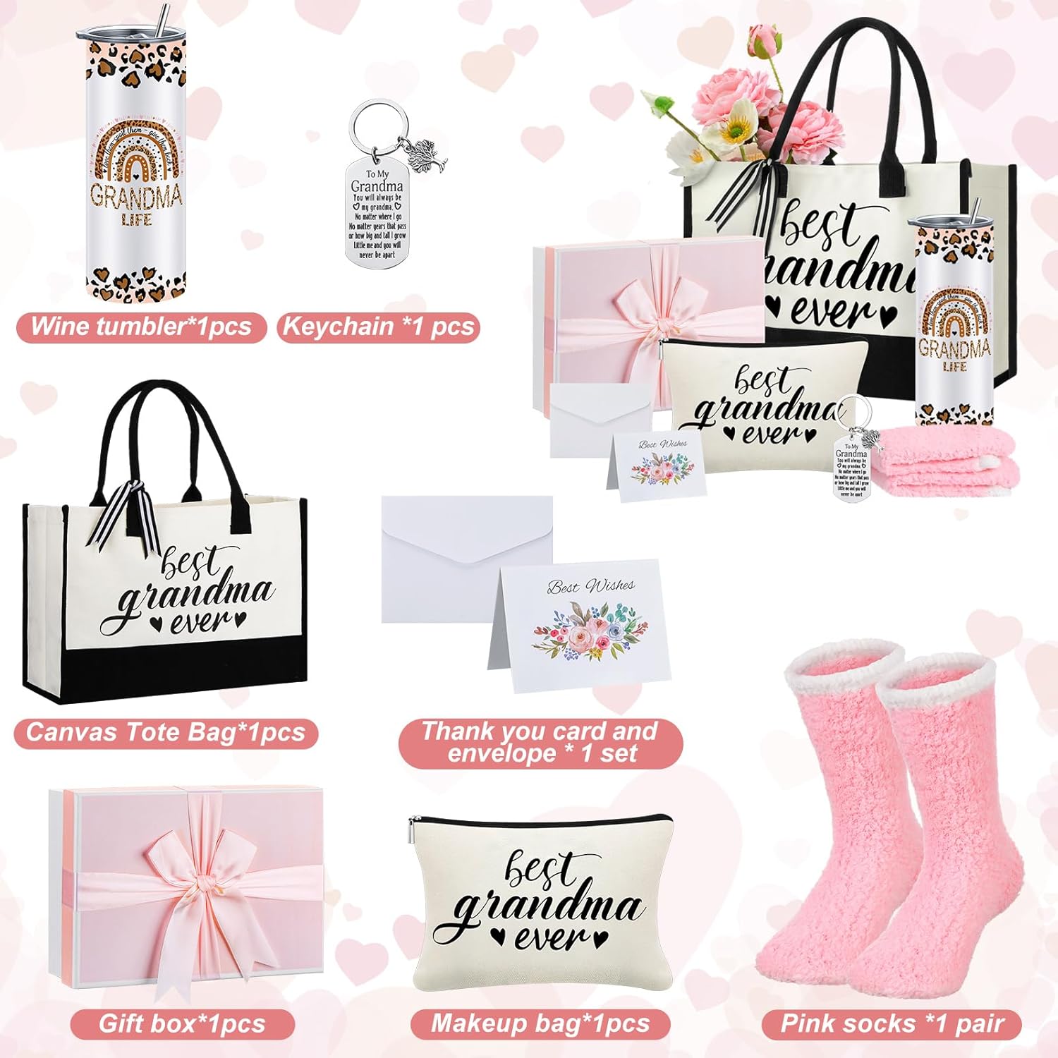 Paterr 7 Pcs Best Grandma Nana Gifts 20oz Stainless Steel Tumbler Tote Bag Sock Keychain Gift Card for Birthday Mother's Day