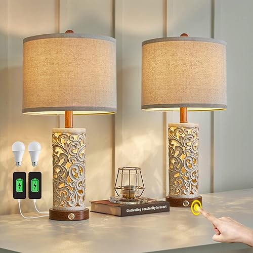 Miniatura 9 de OYEARS Juego de 2 lámparas de mesa de granja para dormitorio, sala de estar, mesita de noche, mesitas de noche, 21.75 pulgadas, control táctil