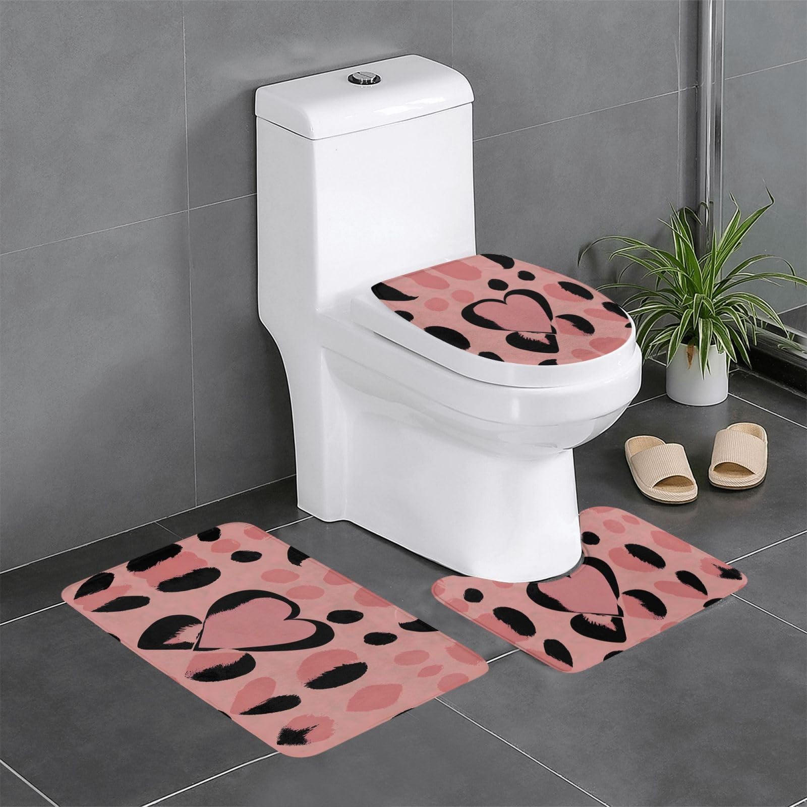 Tapis de bain antidérapants lot de 3 noir à motif cœur et séchage rapide