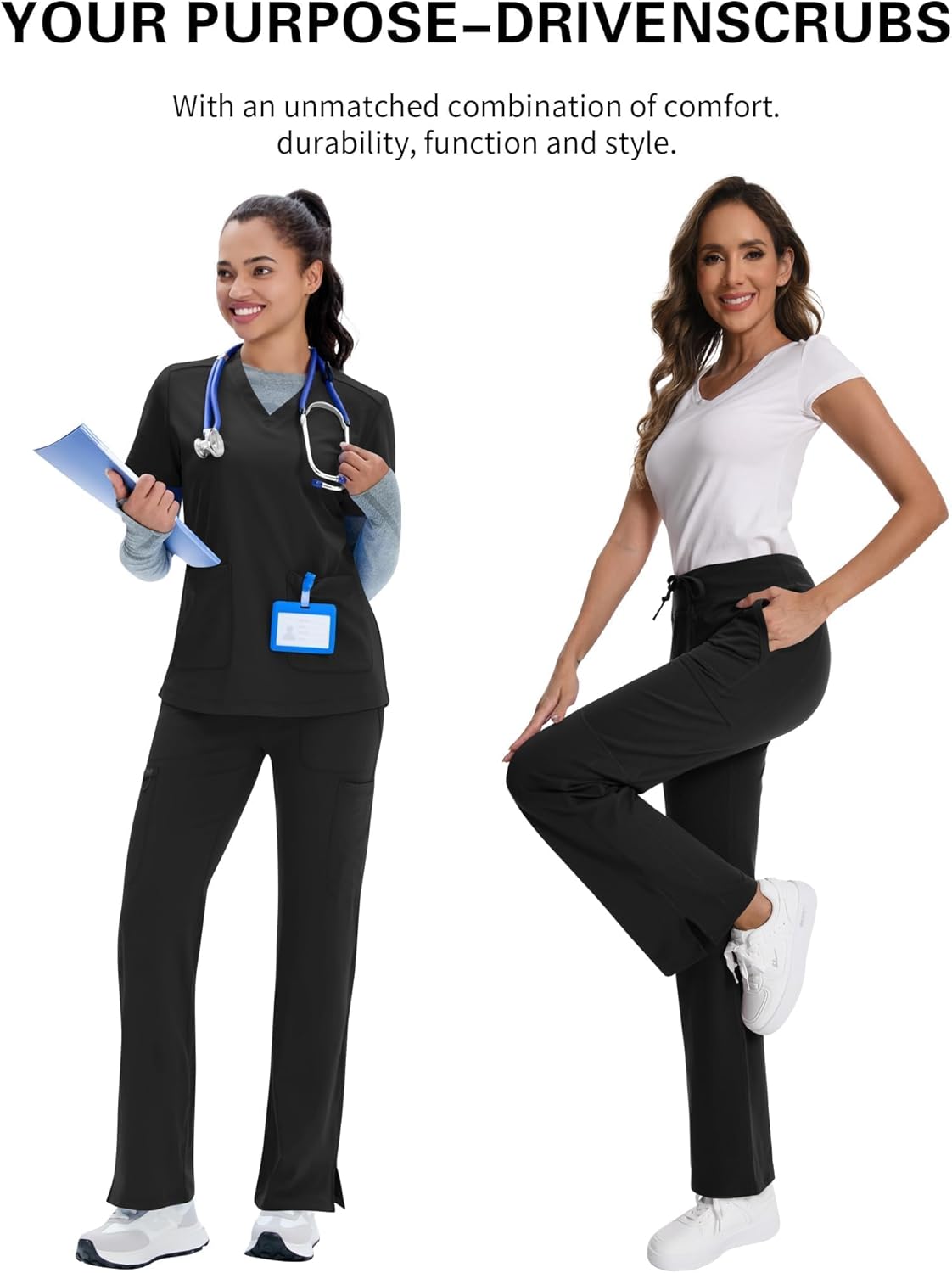 Women Yoga Scrub Pants Straight Mid Rise Elastic Waist Cargo Work Pants with Five Pocket 4-Way Stretch