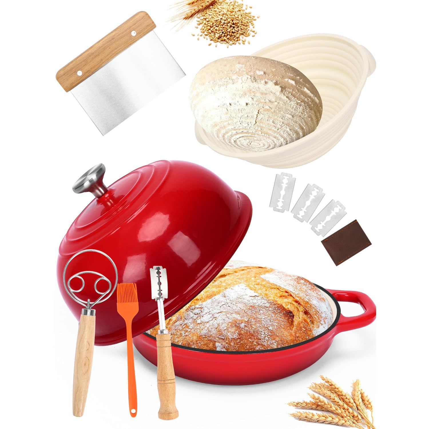 GFTIME Żeliwny garnek do pieczenia chleba, żeliwny garnek z pokrywką, Dutch Oven garnek do pieczenia chleba z koszem fermentacyjnym, mikser do ciasta, forma do duszenia, smażenia, zestaw startowy do