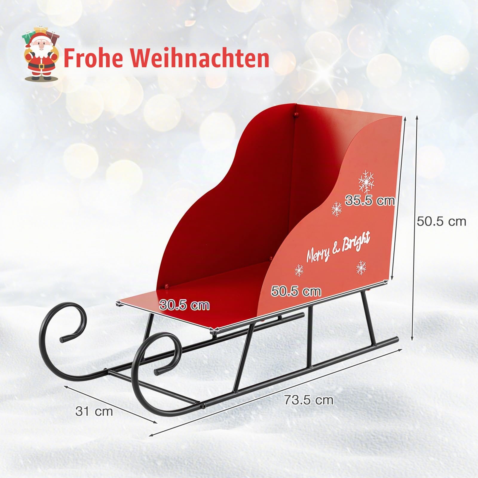 COSTWAY Deko Schlitten für Weihnachten, Weihnachtsschlitten aus Metall, Weihnachtsdeko groß Outdoor, Schlittenkorb Metallschlitten, Weihnachtsdekoration für Zuhause, Büro, 74 x 32 x 51 cm, Rot