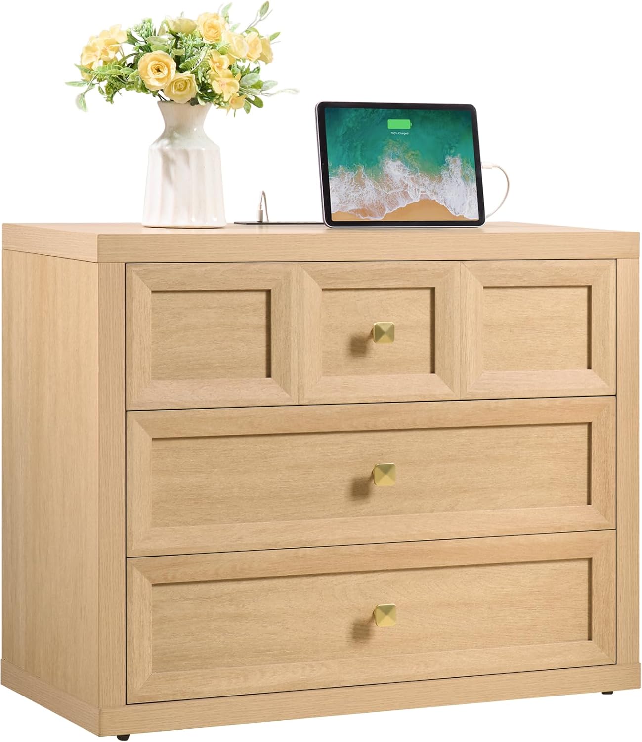 3 Drawers Nightstand W/Charging Station, 30.7" W King Size Bedside Table with 3 Drawers, Accent End Table W/Large Storage, Modern Wood Side Table for Bedroom,Office (1 Piece, Natural)