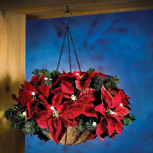 Miniatura 3 de Cesta colgante preiluminada de 17.7 pulgadas con arreglo floral de nochebuena artificial, canasta colgante de Navidad con fideos de pino, flores de