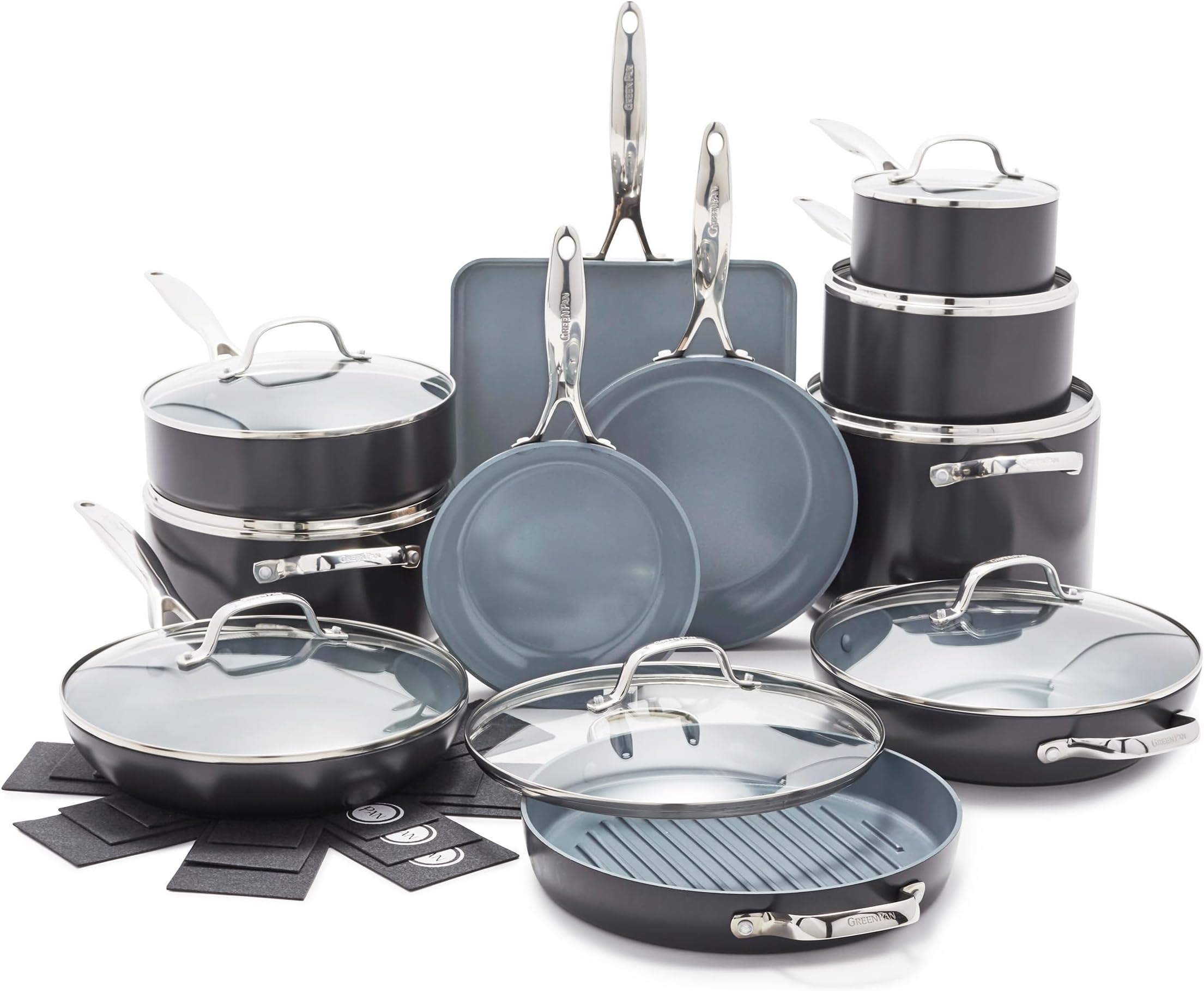 Valencia Pro Ceramic Nonstick 22 Piece Cookware Set, Hard Anodized PFAS-Free Pots & Pans, Induction Ready, Compatible on All Cooktops, Dishwasher Safe, Oven Safe to 600F, Gray
