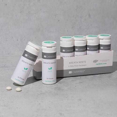 Miniatura 3 de CariFree Mentas, hidroxiapatita y xilitol, sin azúcar, pH elevador, refresca el aliento, sabor a menta, tubo de 50 quilates, 6 tubos por caja.
