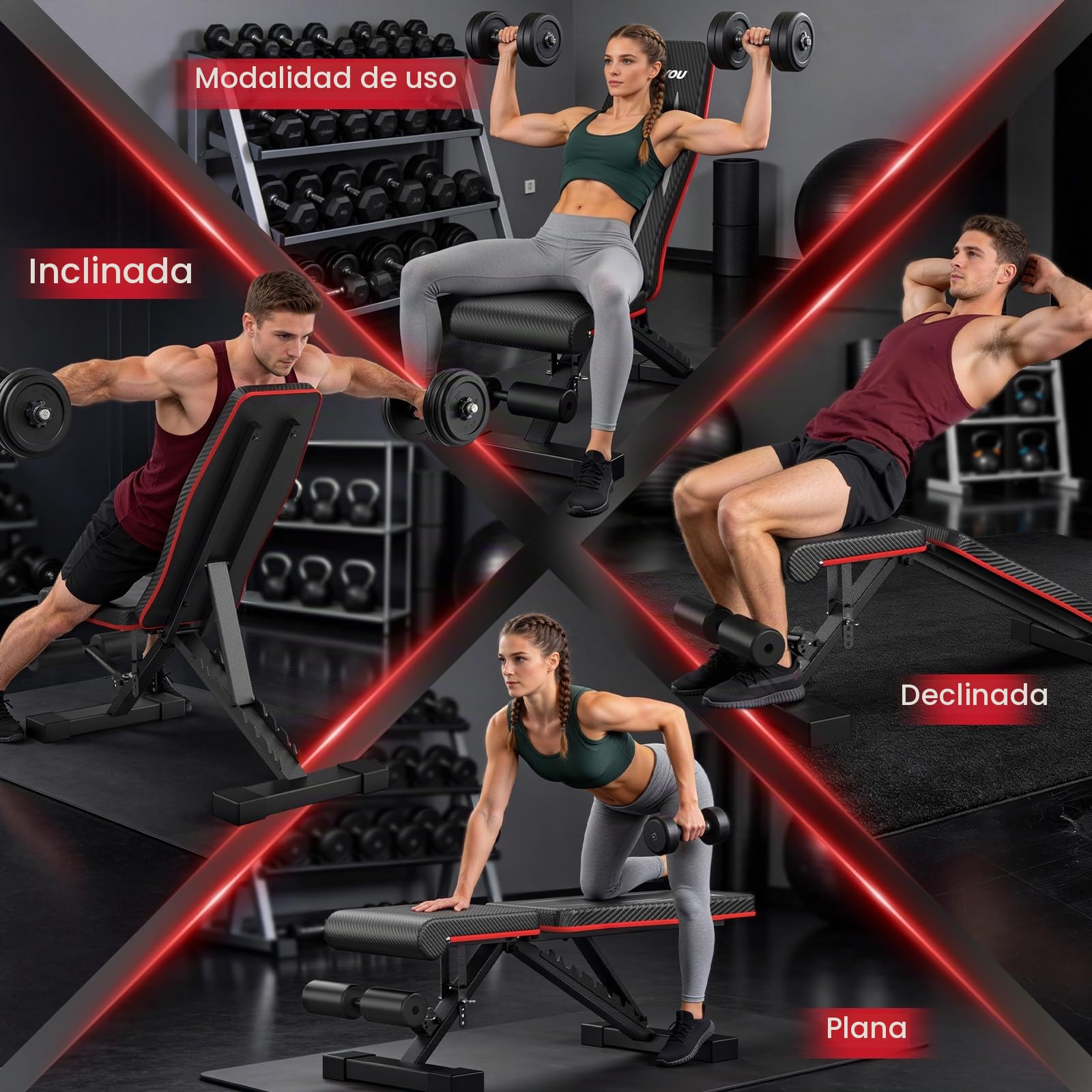 PASYOU Banco de Pesas Plegable, Carga 300kg, Banco de Fitness Ajustable Multifunción para Entrenamiento Cuerpo Completo, Banco Gimnasio con Asas para Casa y Gimnasio (PA350)