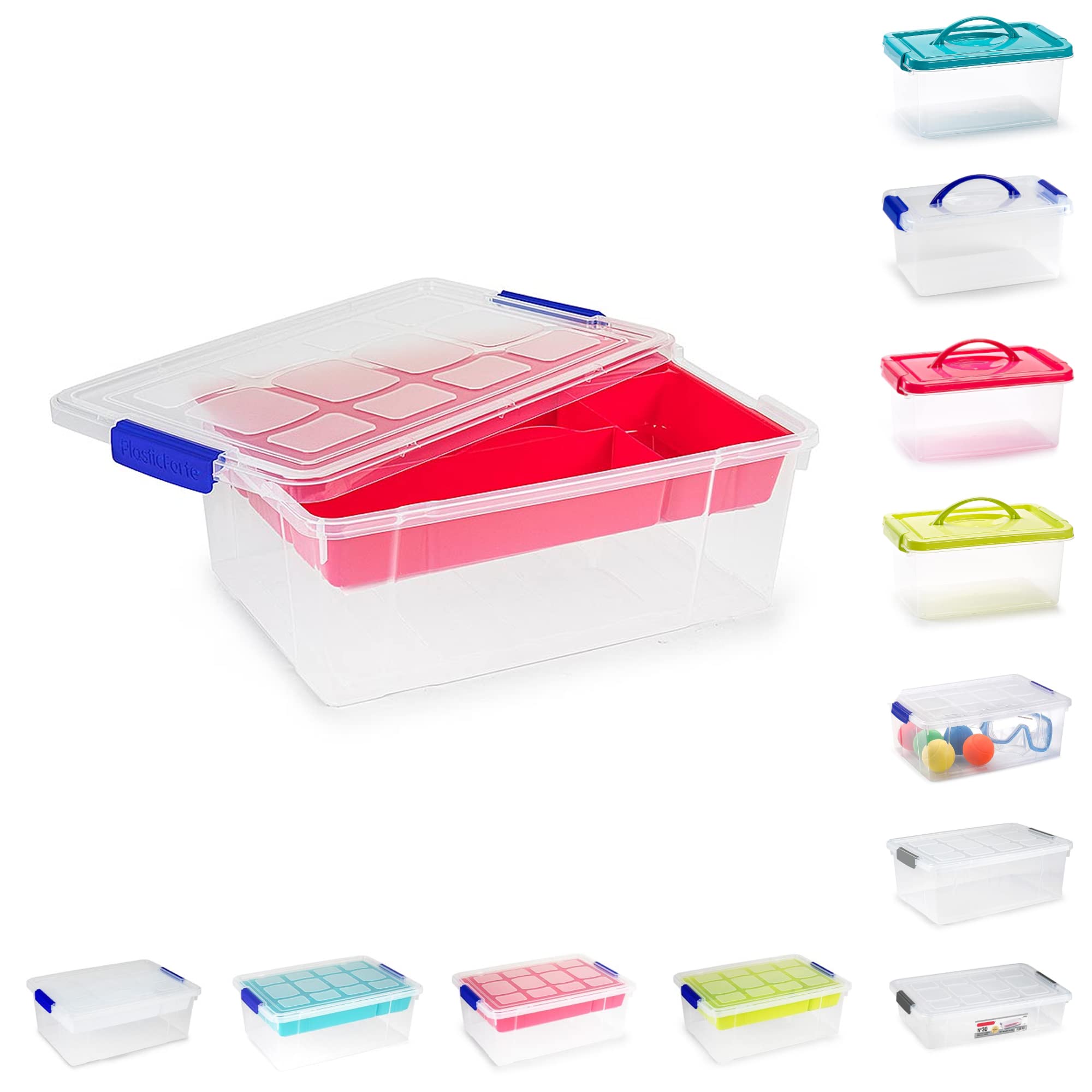 Plastific 9L - Storage Box With Fuchsia Tray Storage Box Lightweight Robust Stackable Storage Boxes With Lid, Clear Latch Boxes, Plastic Organiser, Space Saving Solution For Home Office (9L - Storage Box With Fuchsia Tray)