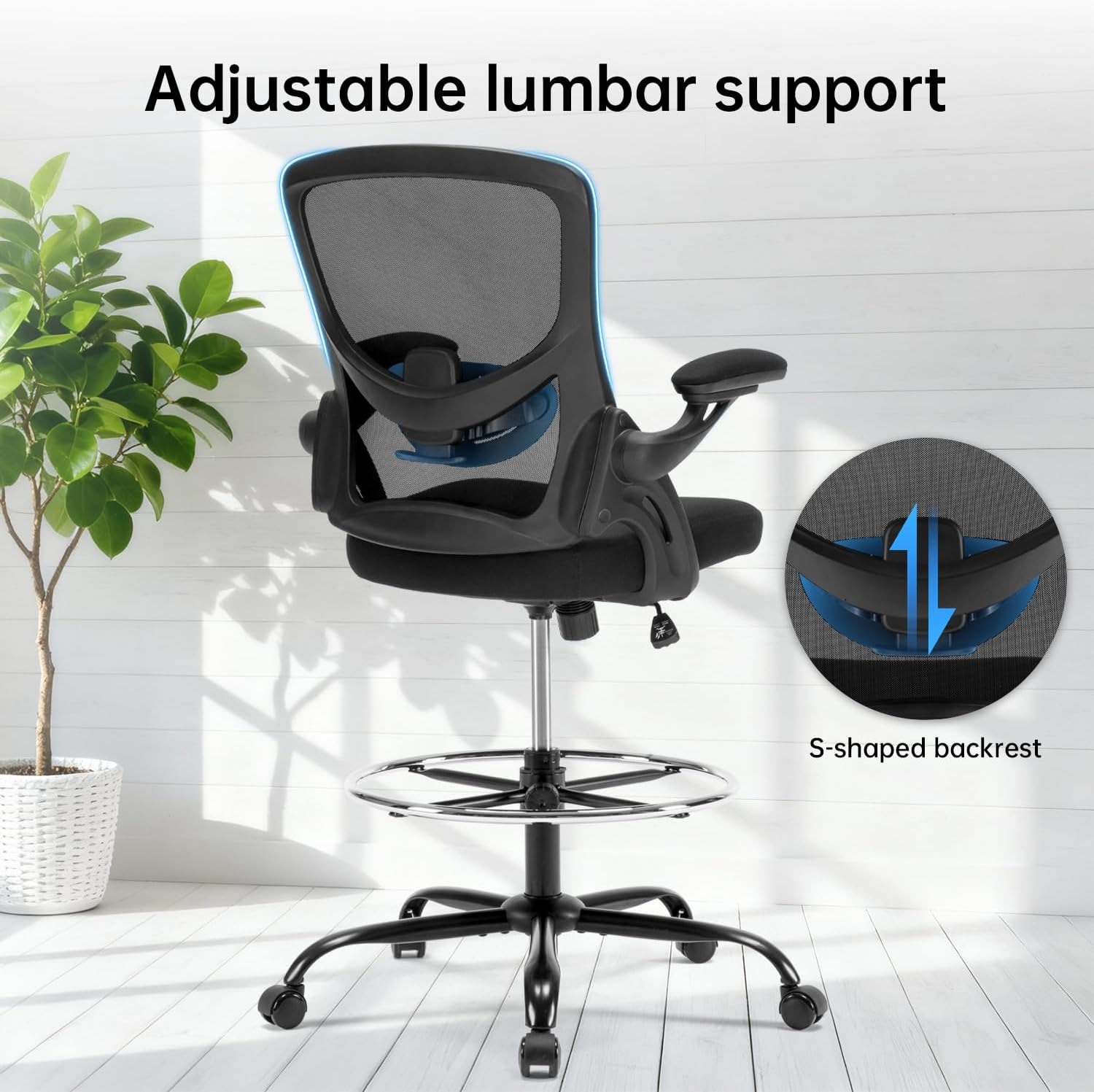 Drafting Chair Ergonomic Comuputer Standing Desk Chair with Flip-Up Arms and Lumbar Support, Tall Office Chair with Adjustable Footrest, Stool Counter Height Office Chairs Black