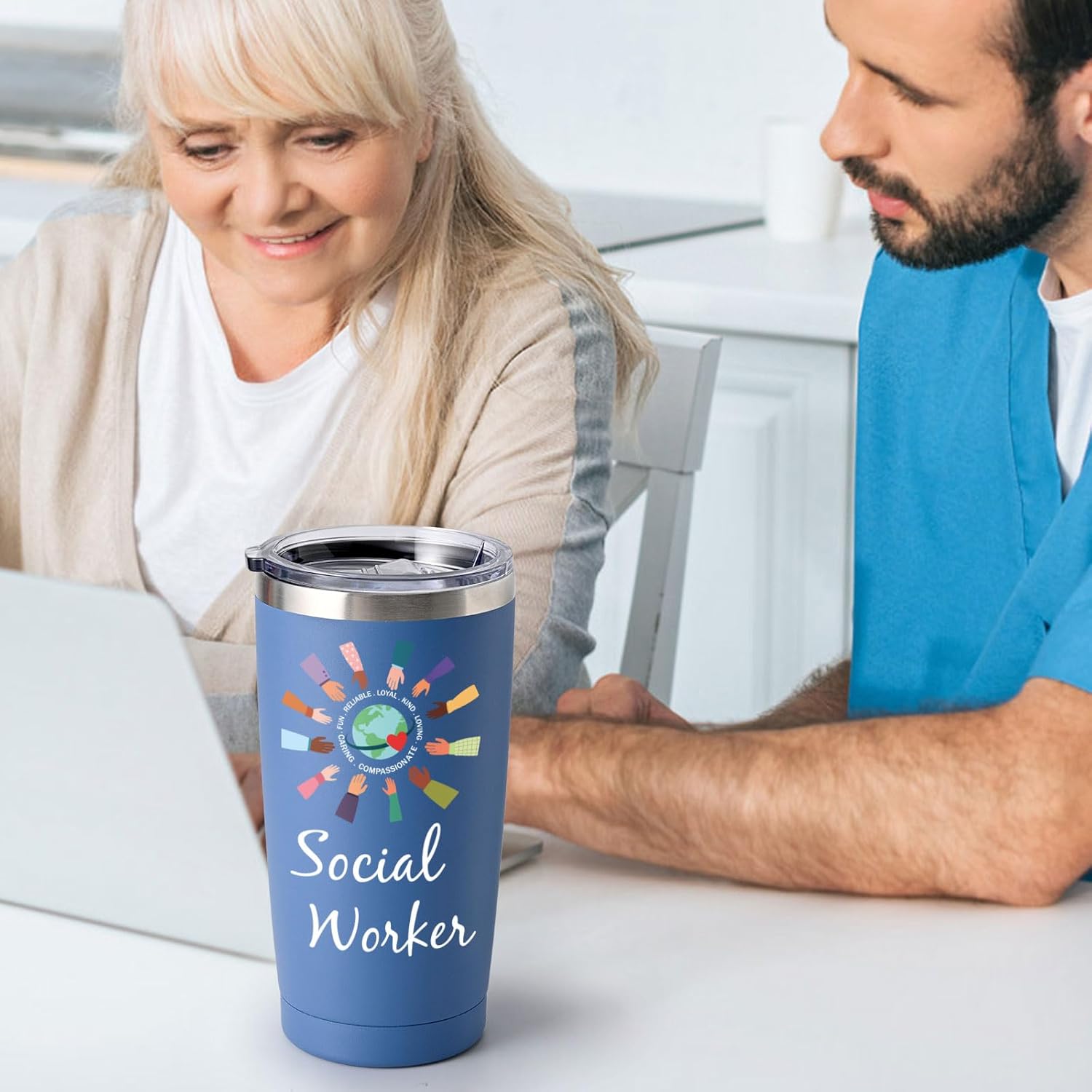 Lifecapido Social Worker Gifts for Women Men, Social Worker Appreciation Gifts, Social Worker 20oz Tumbler with Badge Reel and Ballpoint Pen, Birthday Gifts Graduation Gifts for BSW MSW DSW, Blue - Image 3