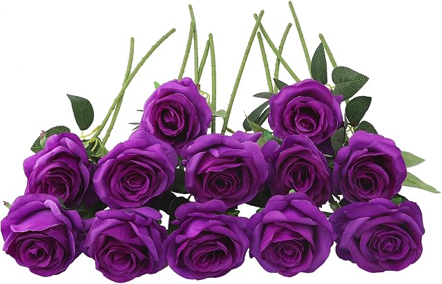Decpro 12Pcs Artificial Roses, 19.7'' Single Long Stem Silk Blossom Fake Flower for Bridal Wedding Bouquets, Home Party Office Hotel Decoration, Centerpieces, Floral Arrangements (Pure Purple)