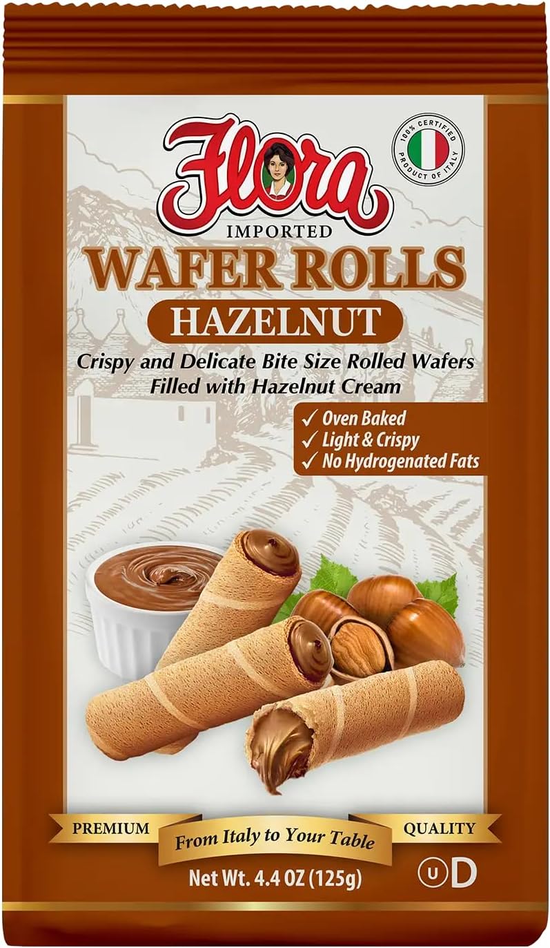 Flora Wafer Rolls Hazelnut โ Italian Rolled Wafers with Hazelnut Cream โ Light & Crispy Oven Baked Snack โ 4.4 oz (125g)