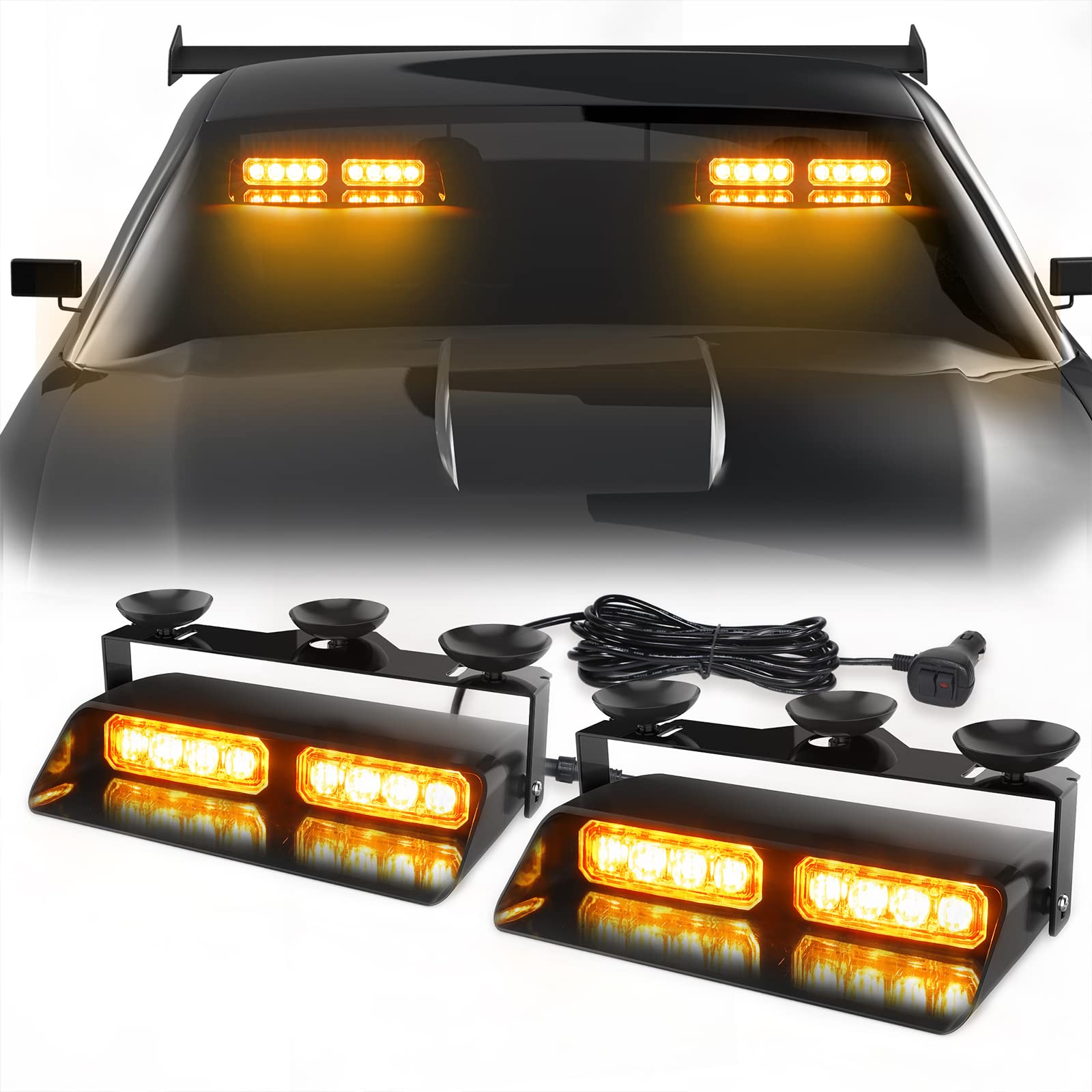 WINECO 2 in 1 Emergency Dash Strobe Lights Safety Flashing Warning Hazard Interior Front/Rear Windshield Deck Split Light Bar w/Suction Cups for Construction Vehicles Trucks (2x7.16 inch, Amber)