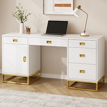 MaverickFurni 58" White and Gold Desk with 5 Drawers and Cabinet