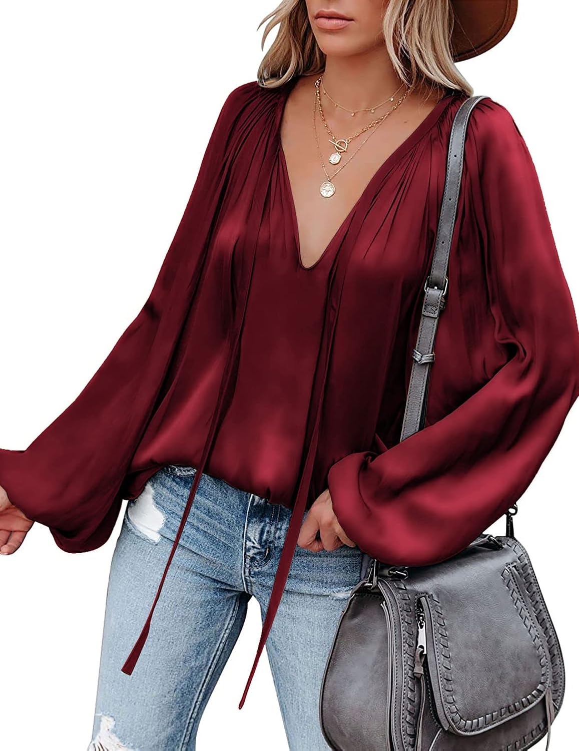 Chigant Blusa De Seda Satinada Para Mujer Manga Larga Cuello En V chigant-blusa-de-seda-satinada-para-mujer-manga-larga-cuello-en-v