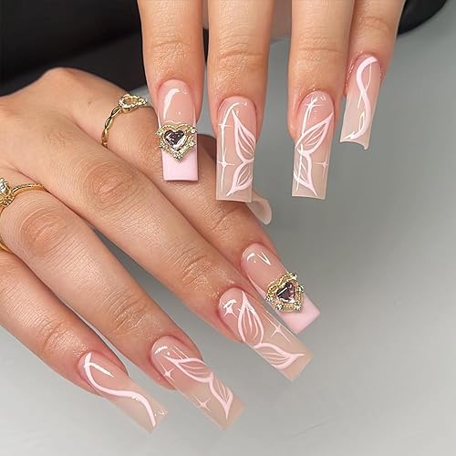 Miniatura 6 de Uñas postizas largas a presión en forma de ataúd, uñas postizas cuadradas de mariposa con dije de corazón morado 3D, diseños de diamantes dorados,