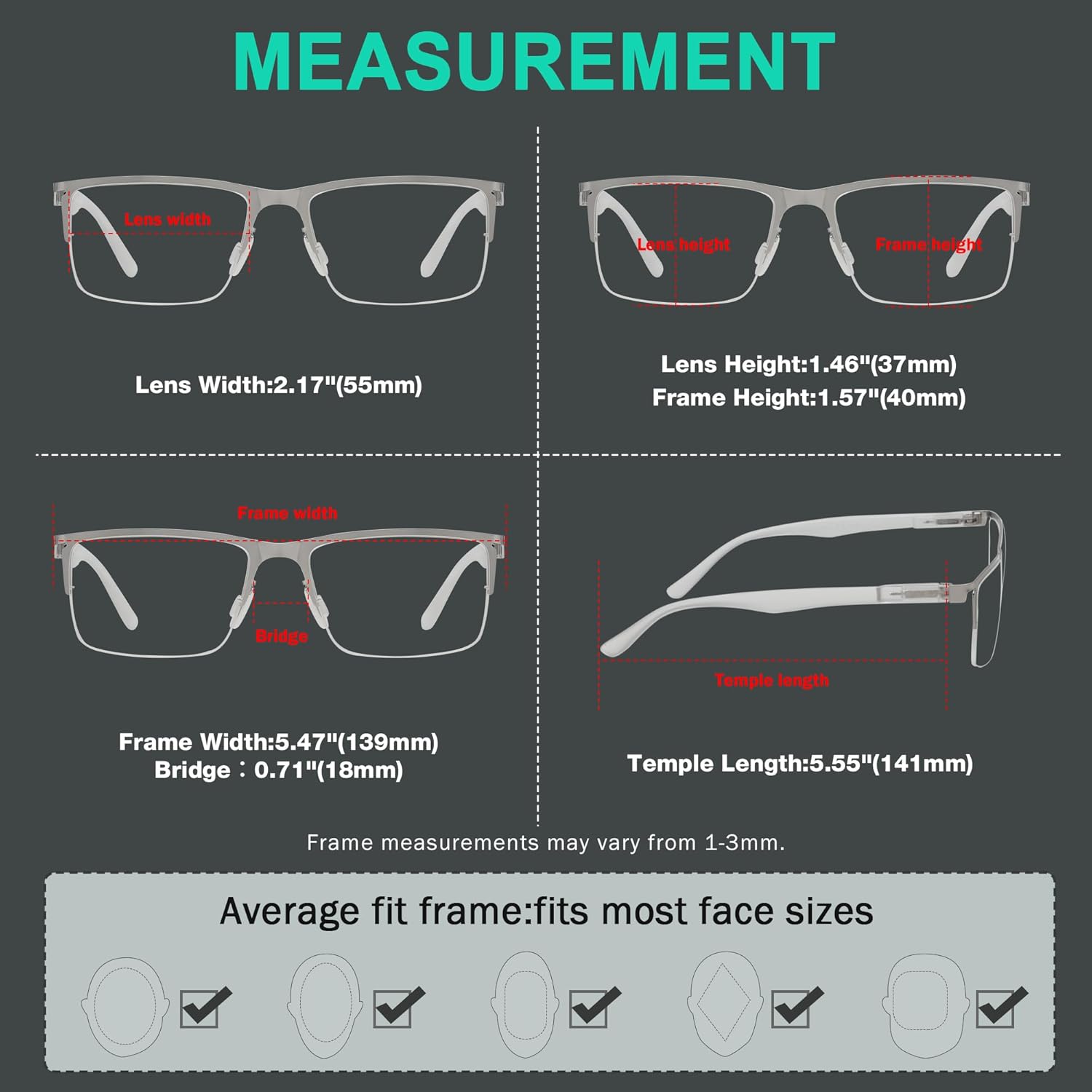 Eyekepper 4-pack Half-Rim Reading Glasses Lightweight Metal Rectangle Reader for Men