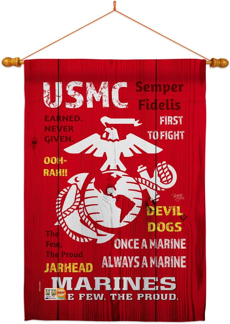 USMC House Flag Dowel Set Armed Forces Marine Corps Semper Fi United State American Military Veteran Retire Official Small Decorative Gift Yard Banner Double-Sided Made In USA 28 X 40