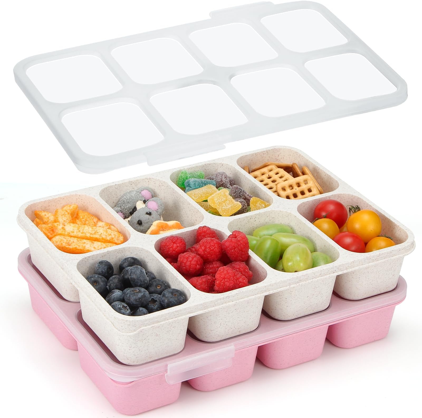MaMix Snackle Box Container,Leak-Proof Snack Box 8 Compartment Divided Serving Tray with Lid, Dishwasher Safe Food Containers for Fruit Candy Snack Nuts Veggie Party (2 PACK)