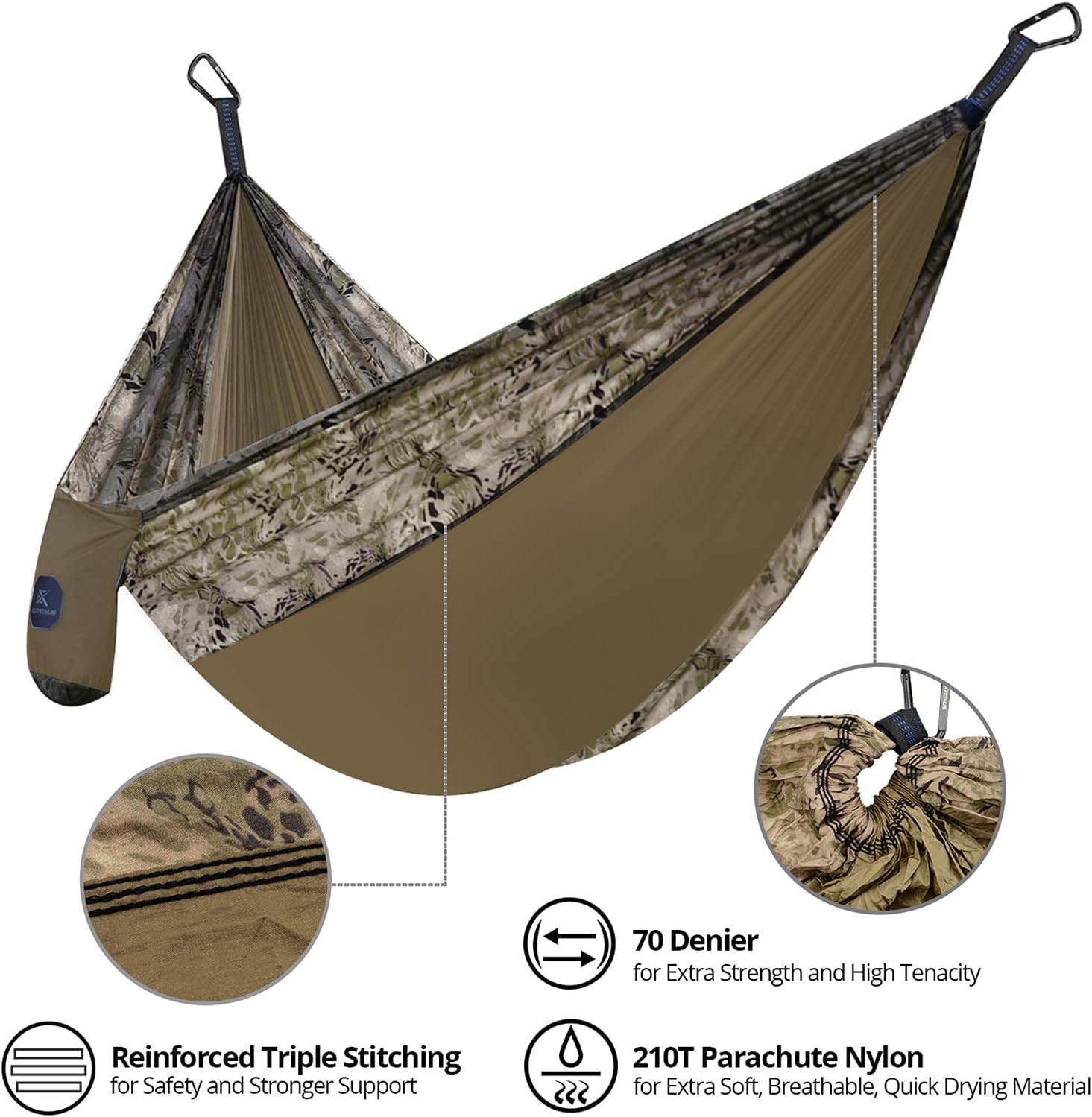 Extremus Single or Double Body Sling Camping Hammock, Light and Strong High Tenacity Parachute Nylon, Dries Quickly, 2-10’ Long Tree Straps, Carry Pocket, Heavy Duty Carabiners, Free TPU Pillow : Sports & Outdoors