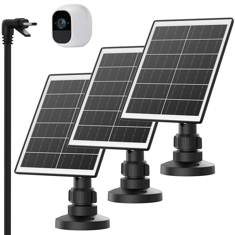 Kit com 3 Painéis Solares iTODOS para Câmeras Arlo Pro e Arlo Pro2 com Bateria de 2600 mAh, Cabo de 3,6 m e Suporte Ajustável Preto