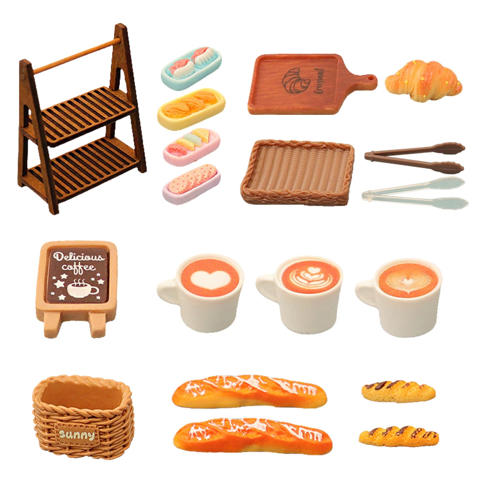 19 Pcs Doll House Accessories - 1/12 Miniature Food Kitchen Decoration Sets Dollhouse Food 1:12 Coffee Mugs, Croissant,Cakes, Dessert Model,Decorative Plate and Other Essential Tableware