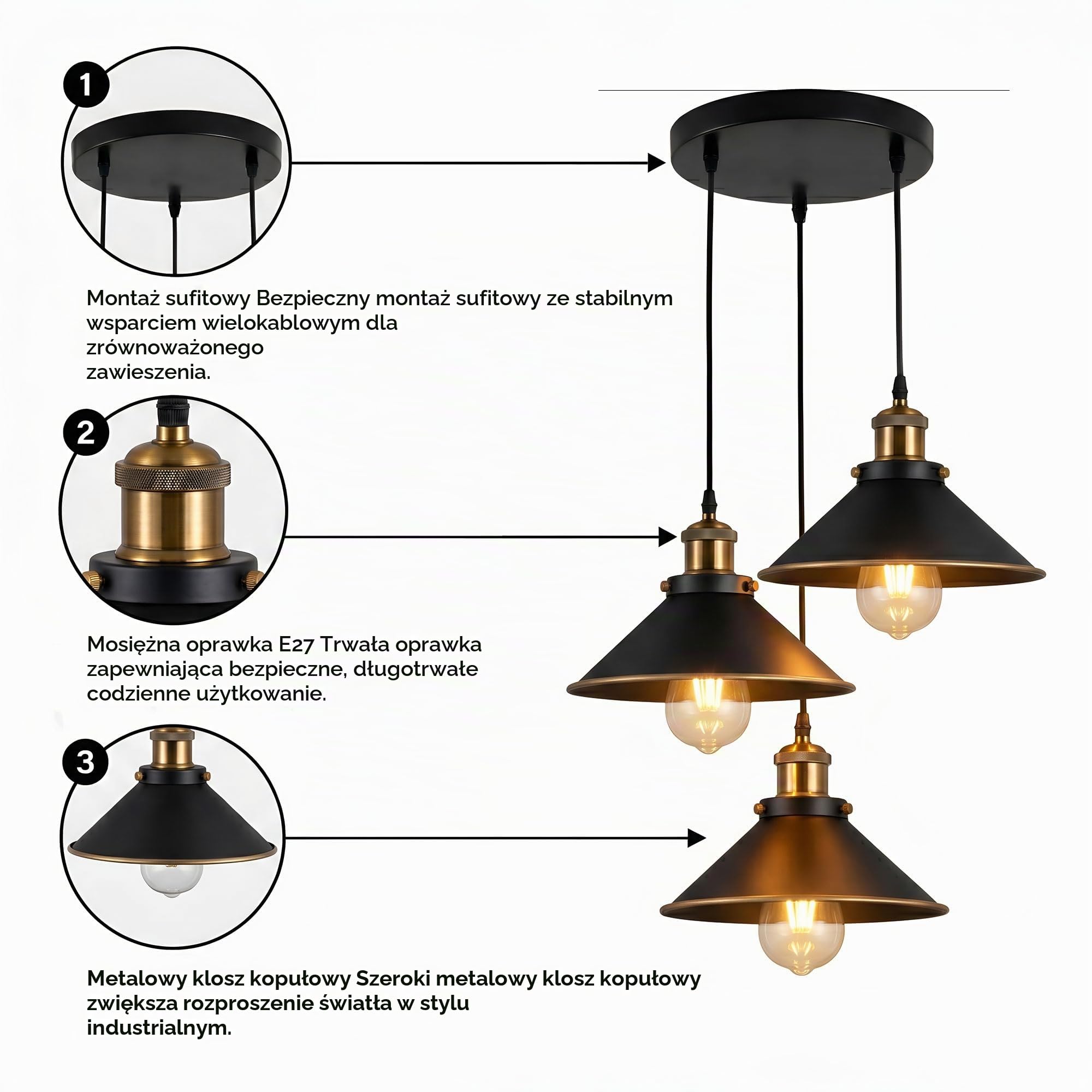 LEDSone Nowoczesna lampa wisząca w stylu vintage z 3 głowicami, płaska, w kształcie stożka, wisząca lampa sufitowa z regulowanym kablem do kuchni, na wyspę, do salonu, jadalni (3 głowice)