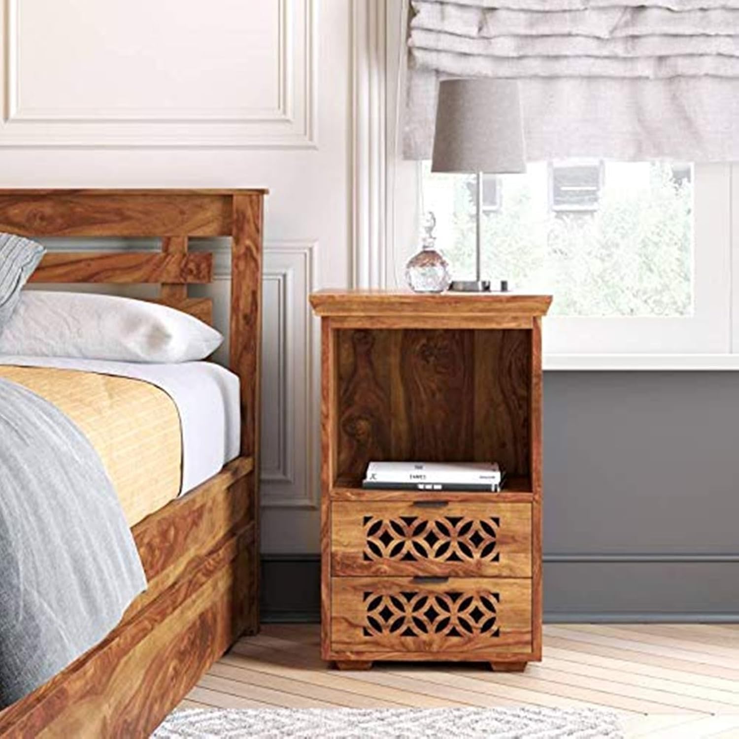 SHIKHA WOOD CRAFT Sheesham Wood Bedside Table with 2 Drawers and Shelf Storage | Wooden Multipurpose Nightstand End Table Furniture for Living Room, Bedroom, Hotel, Home and Office (Natural Finish)