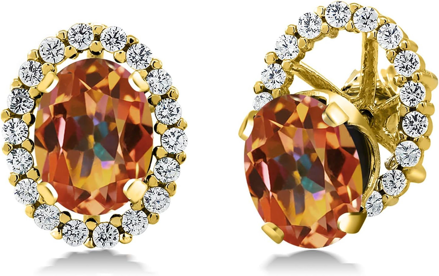 Gem Stone King 18K Yellow Gold Plated Silver 8X6MM Oval Gemstone Birthstone Stud Earrings with Removable Jackets | Halo Earrings for Women