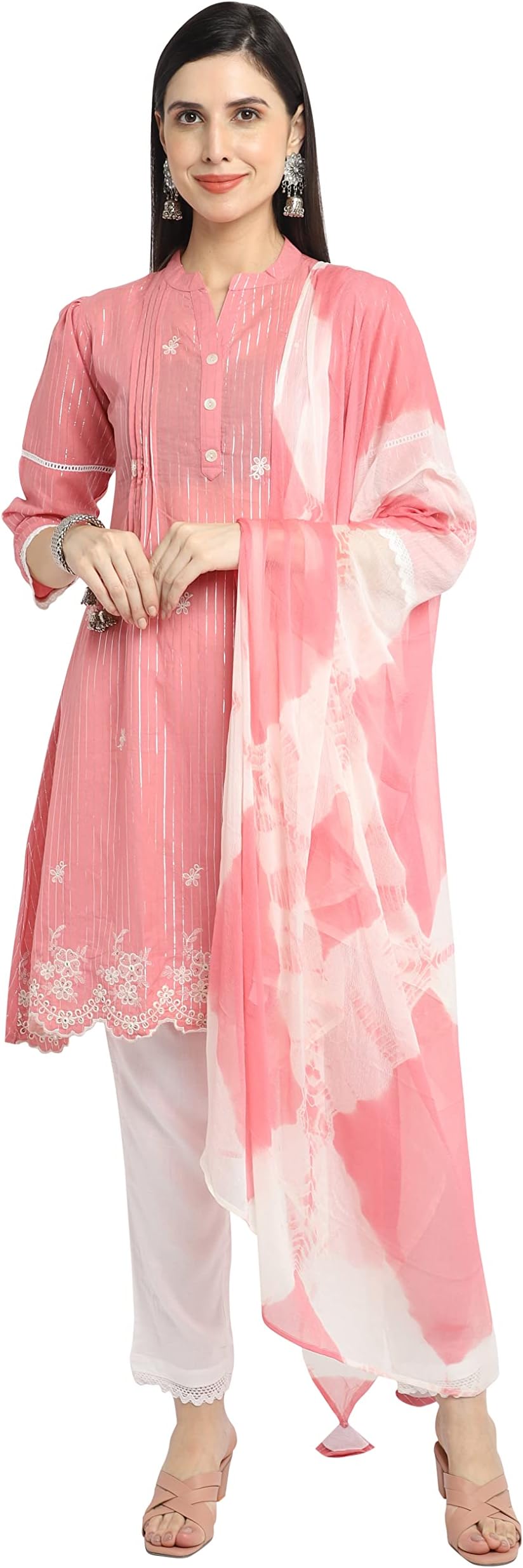 RajnandiniWomen's Pure Cambric Cotton Embroidered Kurta Set with Dupatta (JOPLVL273-P_Peach)